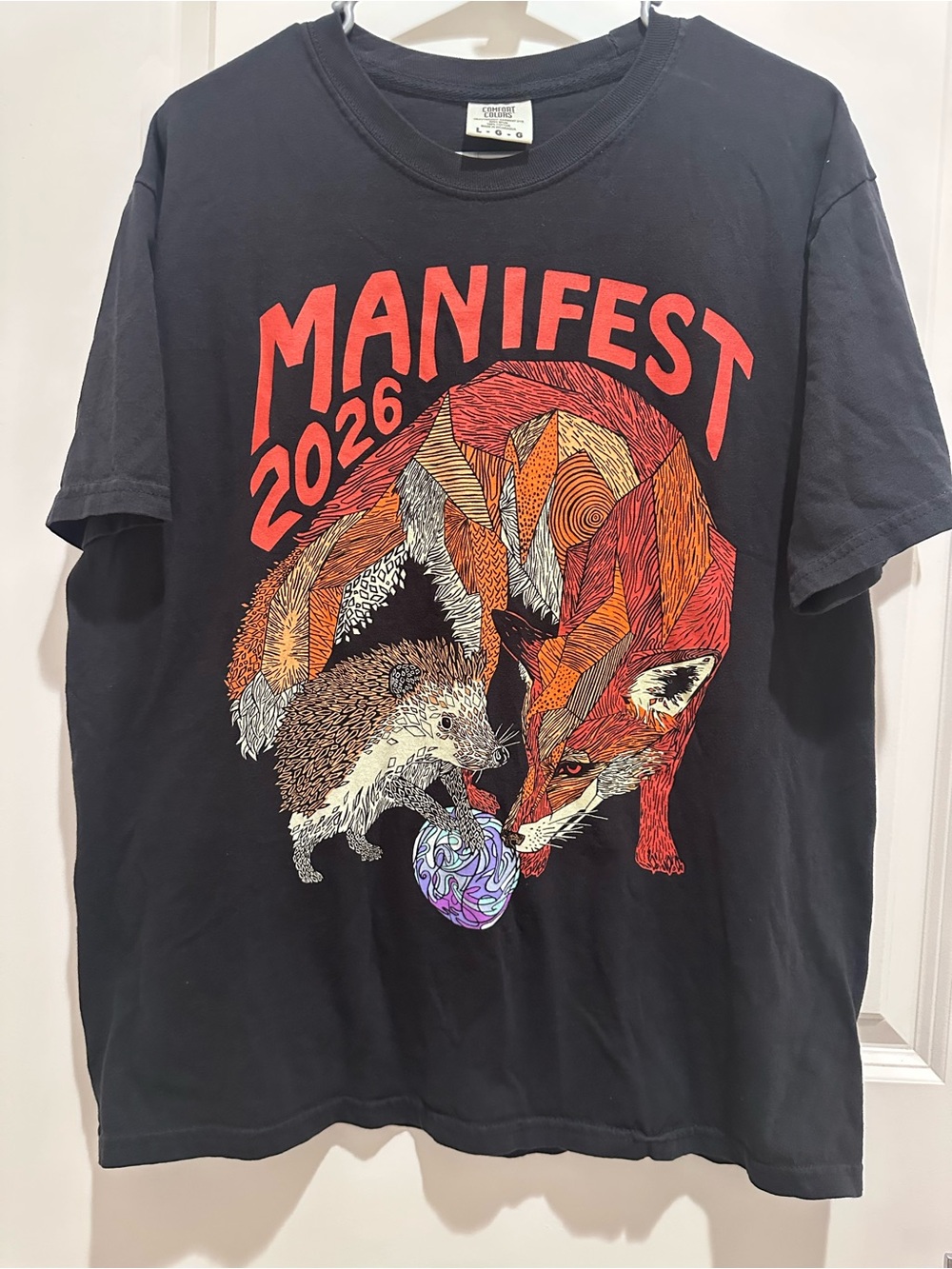 Black 'Manifest 2026' Graphic Tee with Fox & Hedgehog Size